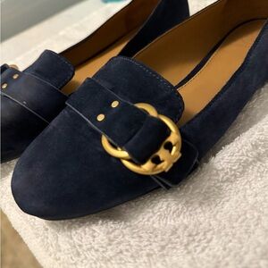 Tory Burch Dark Blue Loafers with Gold Accents